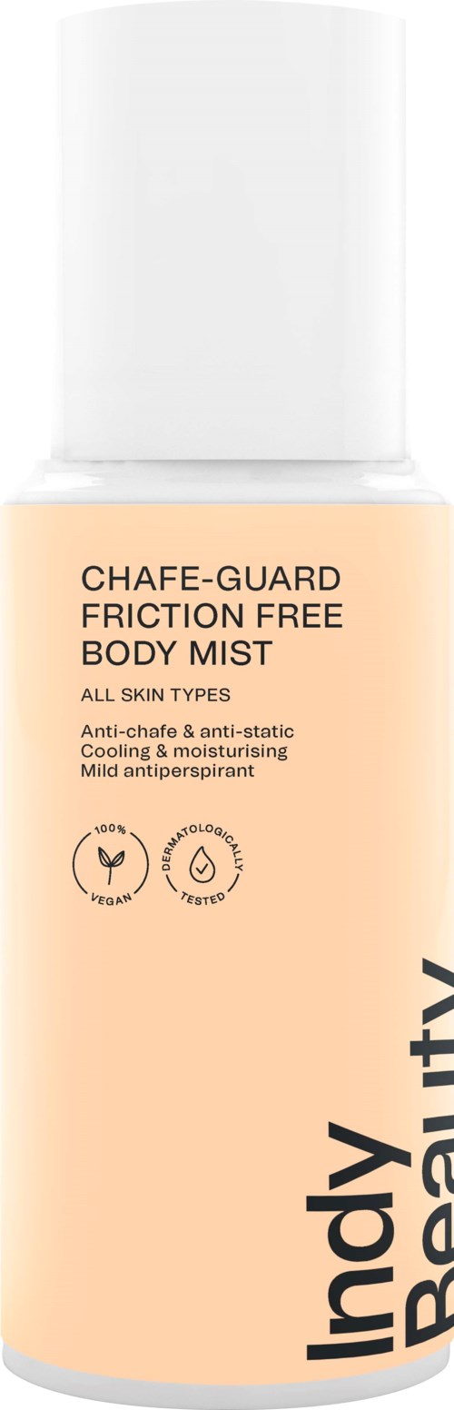 A body mist bottle labeled 'Chafe-Guard' for all skin types, cooling, anti-chafe, and moisturizing.