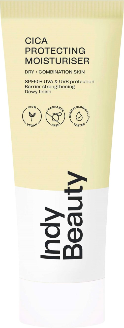 A tube of skincare cream labeled 'CICA Protecting Moisturiser' for dry skin, with symbols for natural ingredients, fragrance-free, and vegan.
