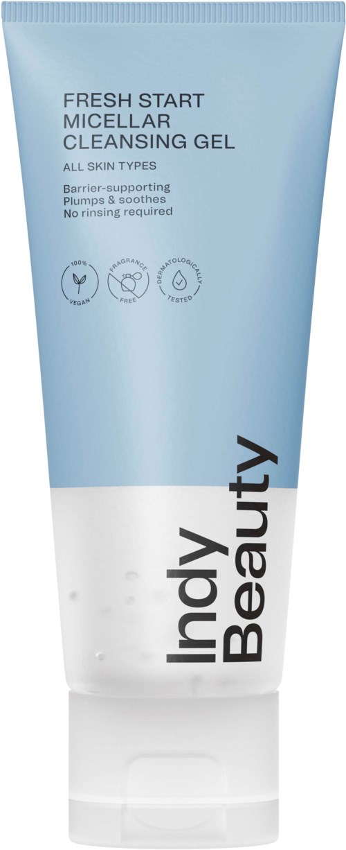 A blue and white tube of skincare gel called 'Indy Beauty Fresh Start Micellar Cleansing Gel' for all skin types.