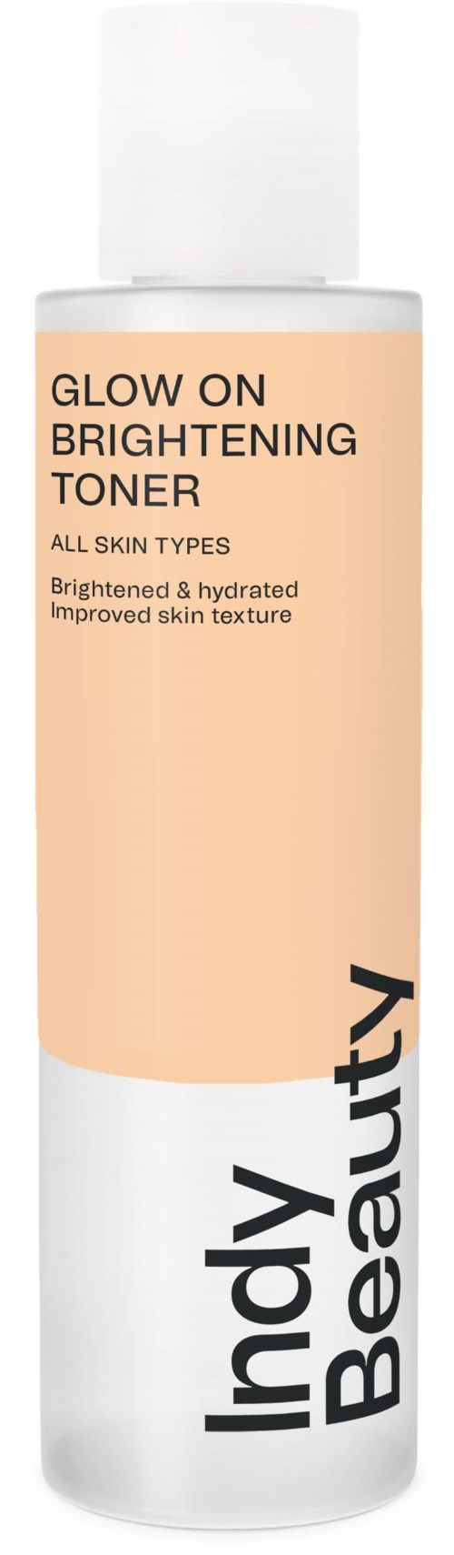 En lång vit flaska med en persikofärgad etikett, kallad 'Indy Beauty Glow on Brightening Toner.' Den jämnar ut och hydraterar huden.