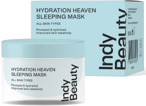 A jar of Hydration Heaven Sleeping Mask with light blue and white packaging, and a matching box, labeled for all skin types.