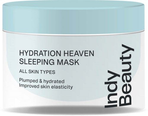 A jar with a light blue lid and white body, labeled 'HYDRATION HEAVEN SLEEPING MASK,' for all skin types.