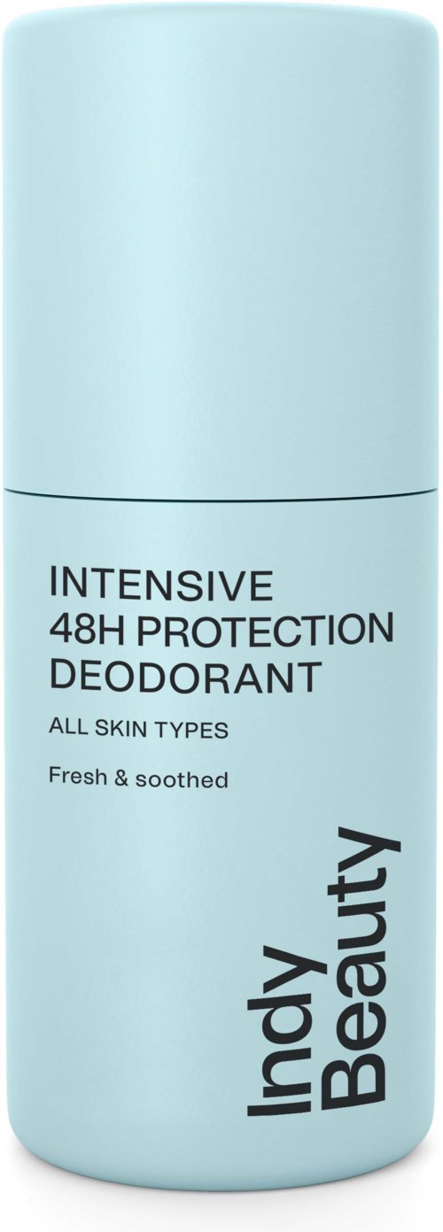 A light blue deodorant bottle with black text, stating 48-hour protection and suitability for all skin types.