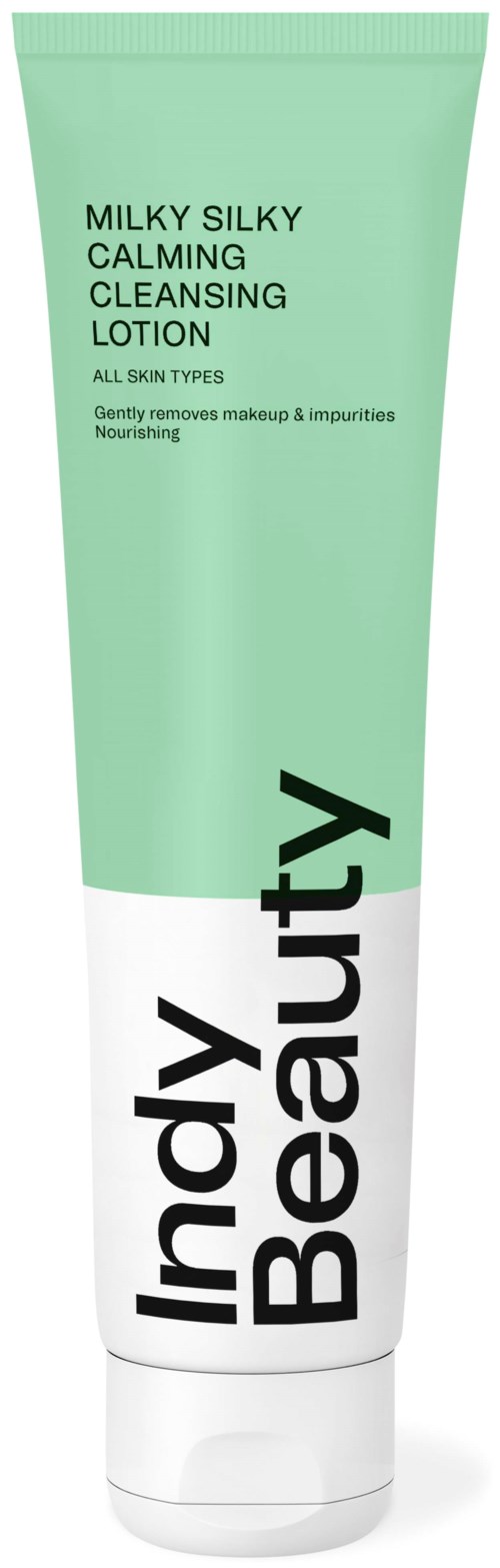 A tube of calming cleansing lotion for all skin types, gentle and nourishing, with a green and white design.