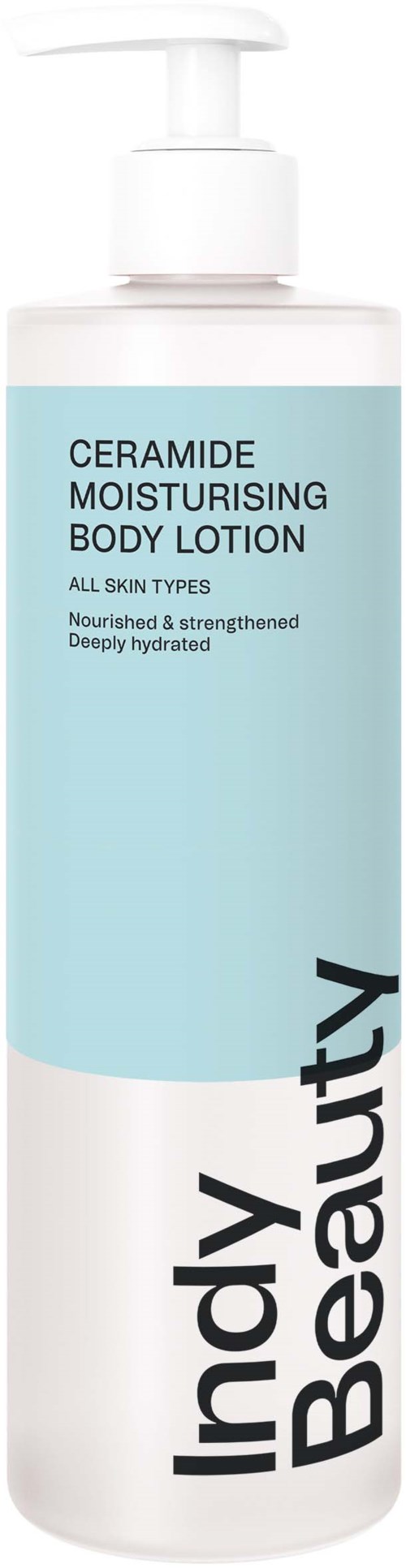A tall, white pump bottle with light blue label, branding says 'Indy Beauty' and 'Ceramide Moisturising Body Lotion' for all skin types.