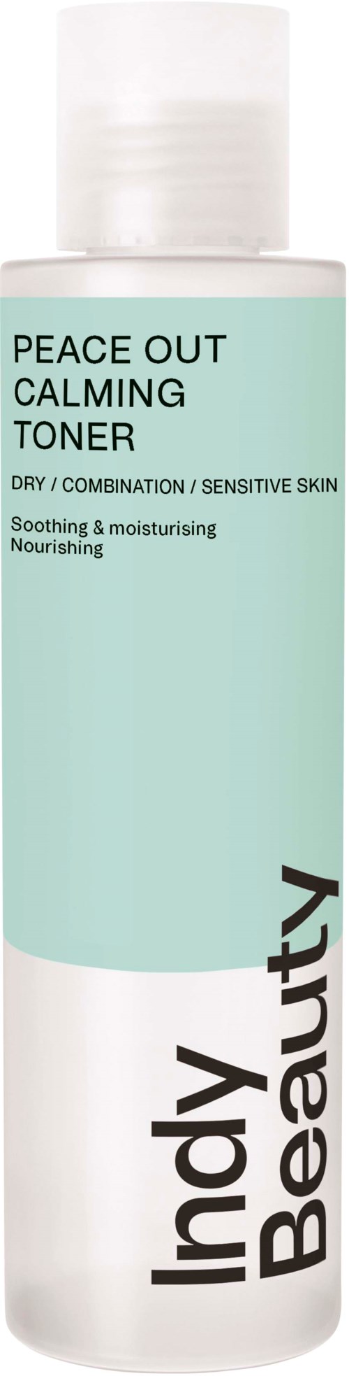 A tall, white bottle with a light green label that says 'Peace Out Calming Toner' for sensitive skin.