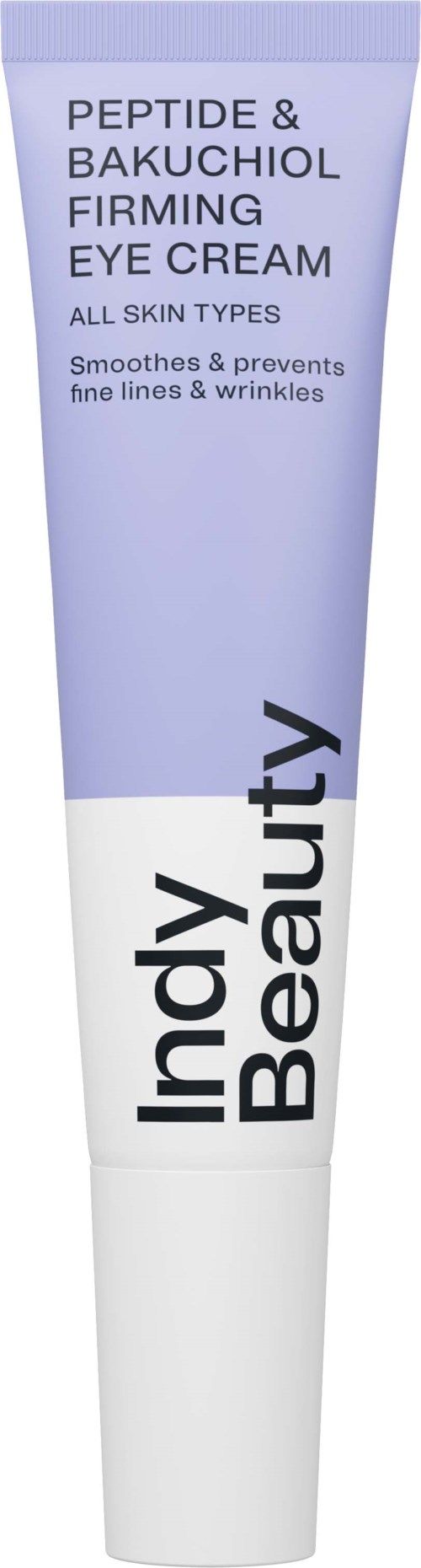 Een tube oogcrème van Indy Beauty, paars en wit, voor alle huidtypes, tegen rimpels.