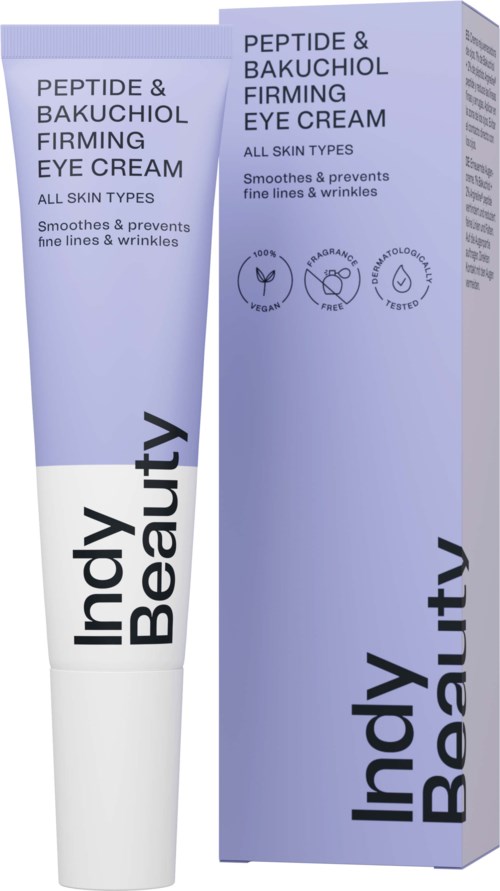 Een tube en doosje met oogcrème genaamd Peptide & Bakuchiol Firming Eye Cream door Indy Beauty, ontworpen om rimpels te verzachten en te voorkomen.