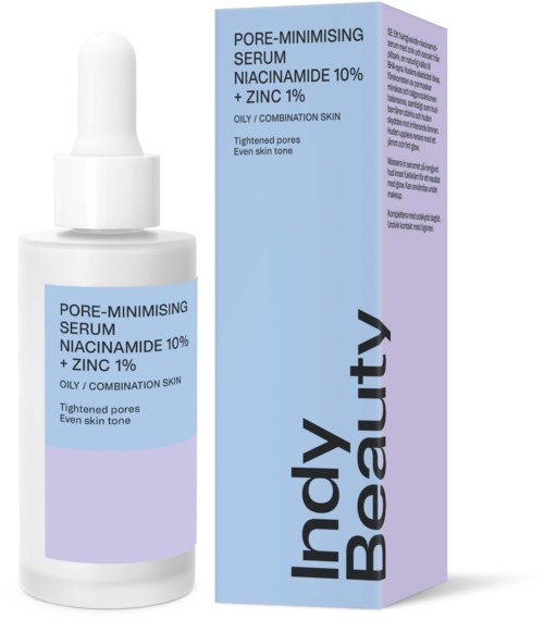 En hudpleieserumflaske med lilla og hvite esker, merket for porereduksjon med niacinamide og sink.