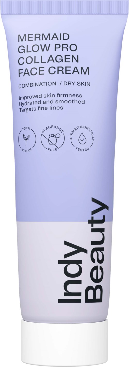 Een tube Mermaid Glow Pro Collagen Face Cream voor droge huid, belooft strakke, gehydrateerde, gladde huid, richt zich op fijne lijntjes.