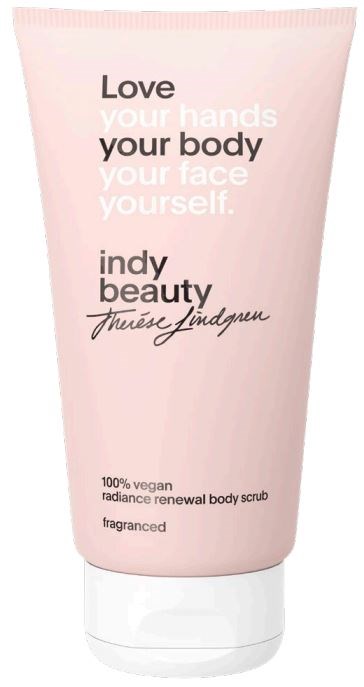 A pink tube of vegan body scrub with text about loving and caring for your body and face.