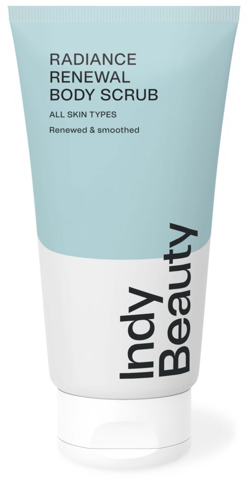Tube of body scrub labeled for all skin types, helps renew and smooth skin, branded Inlay Beauty.