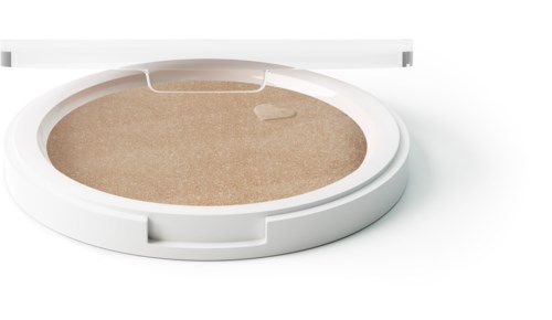 En makeup-kompakt med beige puder och en spegel, används för sminkning. Den är rund med ett vitt fodral.