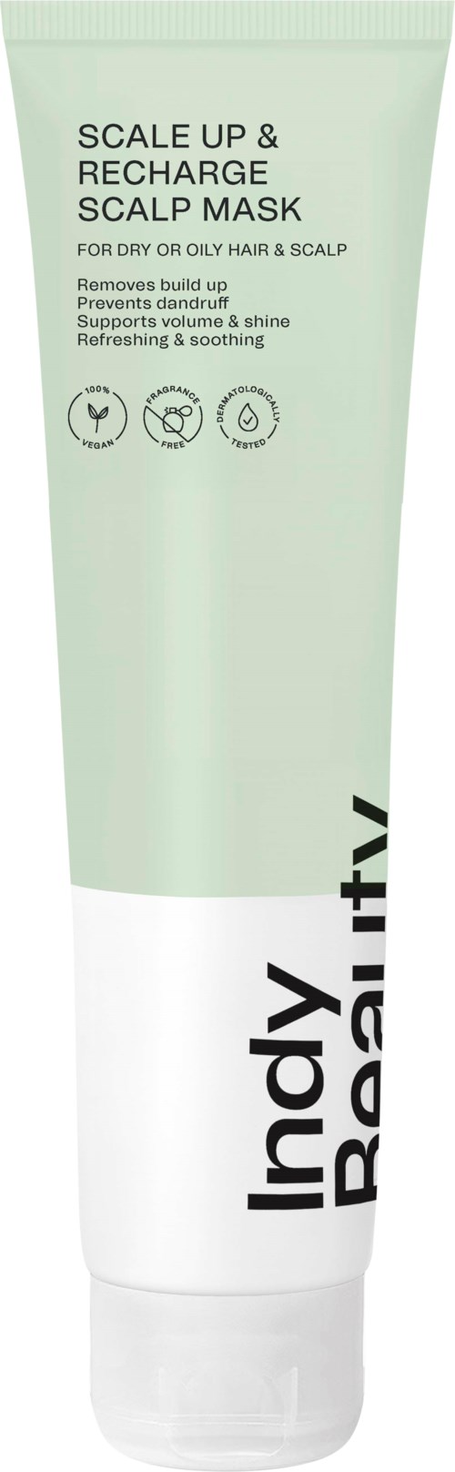 Een groene en witte tube haarmasker met tekst over vettig haar en hoofdhuidgezondheid.