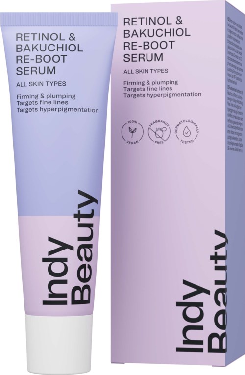 A lavender tube and box of Inky Beauty Retinol & Bakuchiol Re-Boot Serum, for all skin types, to target fine lines.