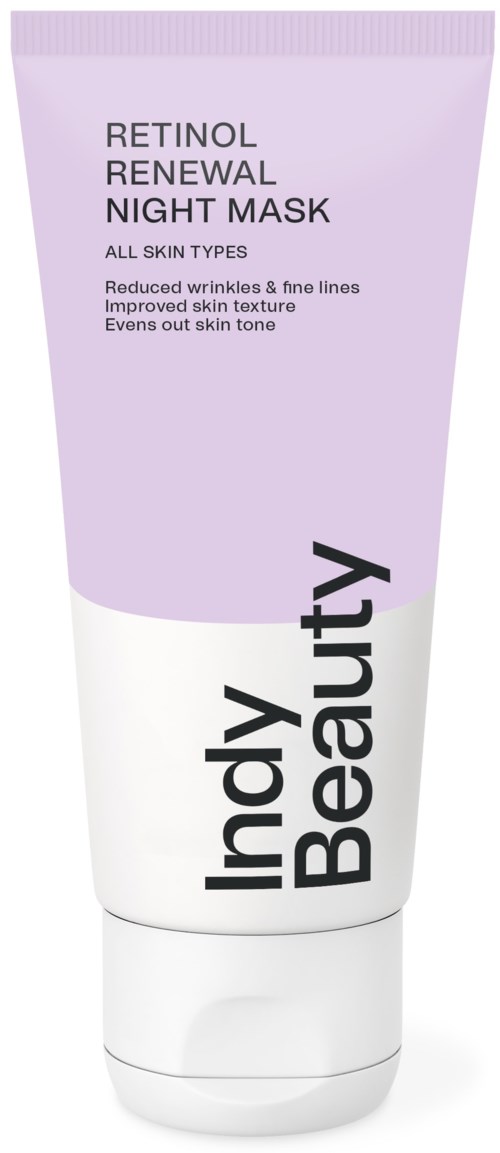 A purple and white tube labeled 'Retinol Renewal Night Mask' offers skin benefits for all skin types.