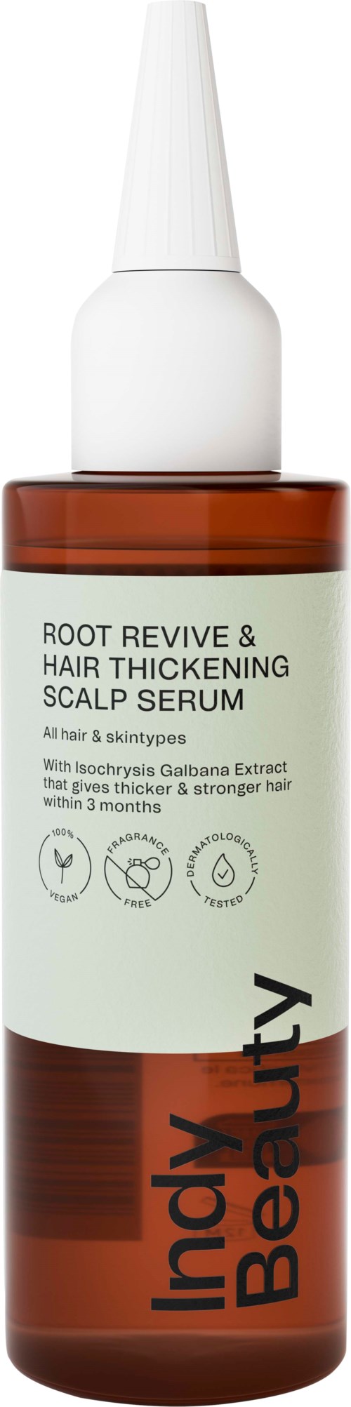 A bottle of hair serum with a white applicator tip, brown and white label, and the text 'Inaxy Beauty Root Revive & Hair Thickening Serum.'