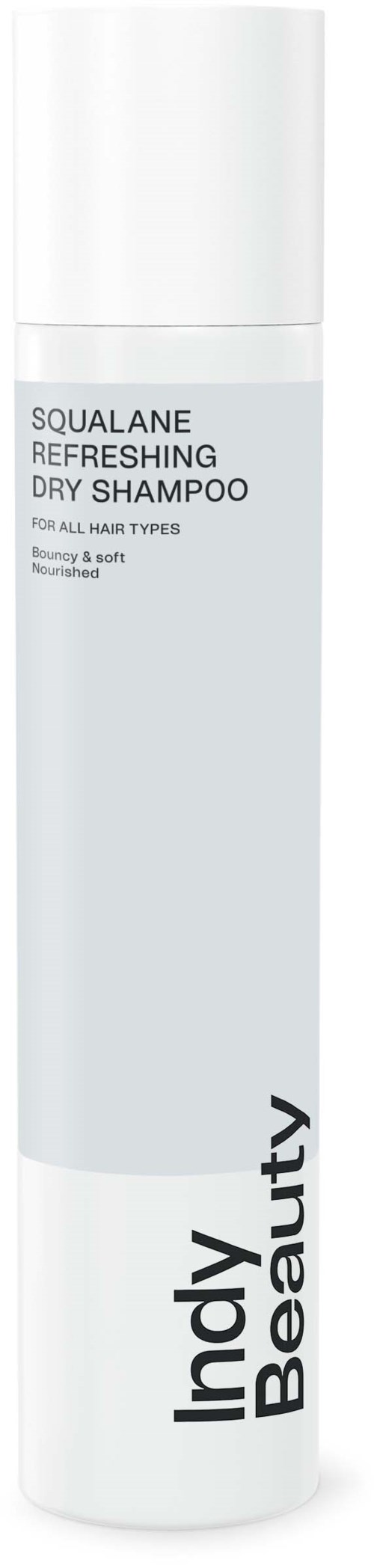 A white bottle of Indy Beauty Squalane Refreshing Dry Shampoo for all hair types.