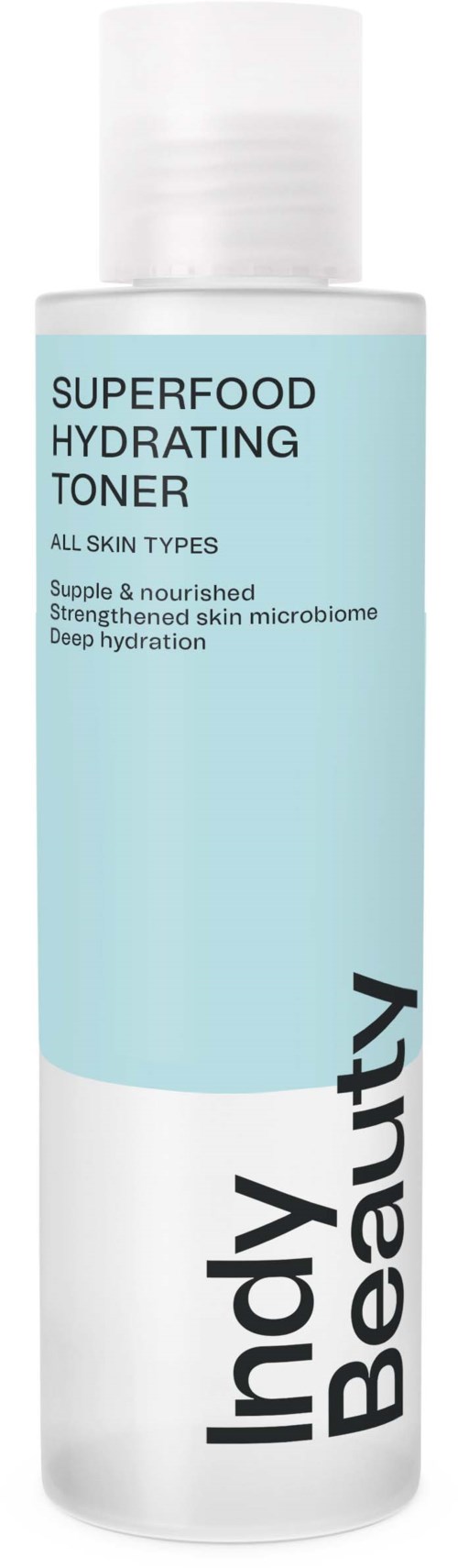 A light blue and white bottle labeled 'Superfood Hydrating Toner' by Indy Beauty, for all skin types.