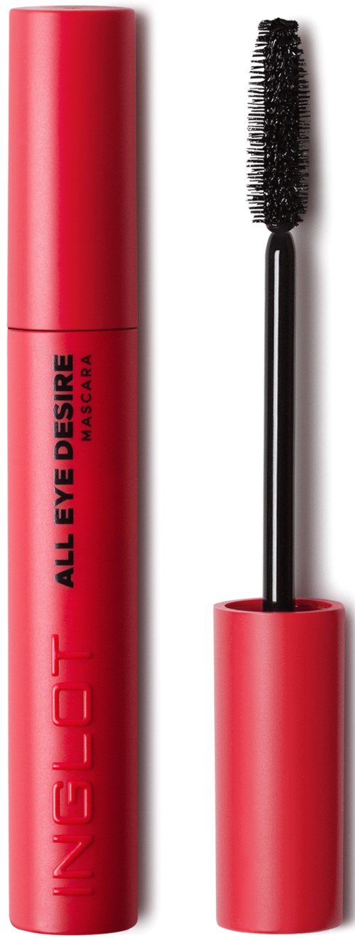 En röd mascara-rör med borsten utanför, märkt 'IN2IT All Eye Desire Waterproof.'