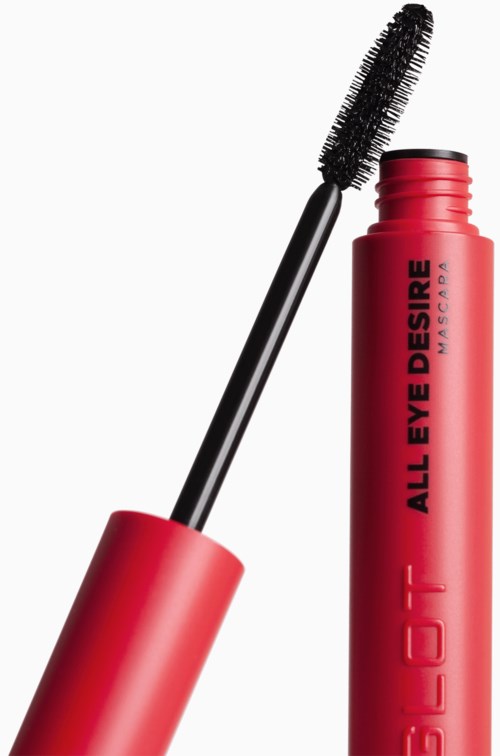 Röd mascara-flaska med svart borste, märkt "ALL EYE DESIRE" i svart text.