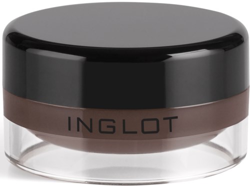 Kleine pot met zwarte deksel en doorzichtige body, bevat een bruin crème met merknaam 'Inglot'.