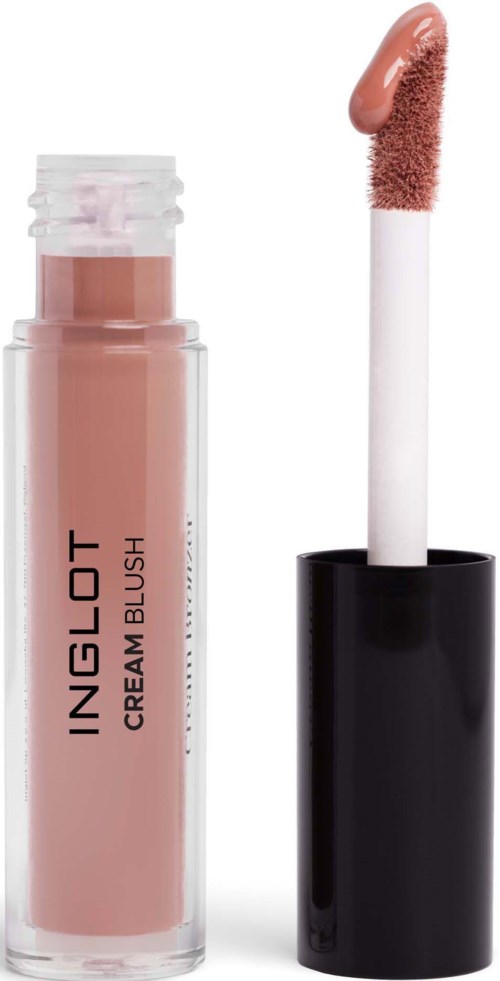 Ein beige Lipgloss-Röhrchen mit einem weißen Applikator. Das Etikett lautet "Inglot Cream Blush."
