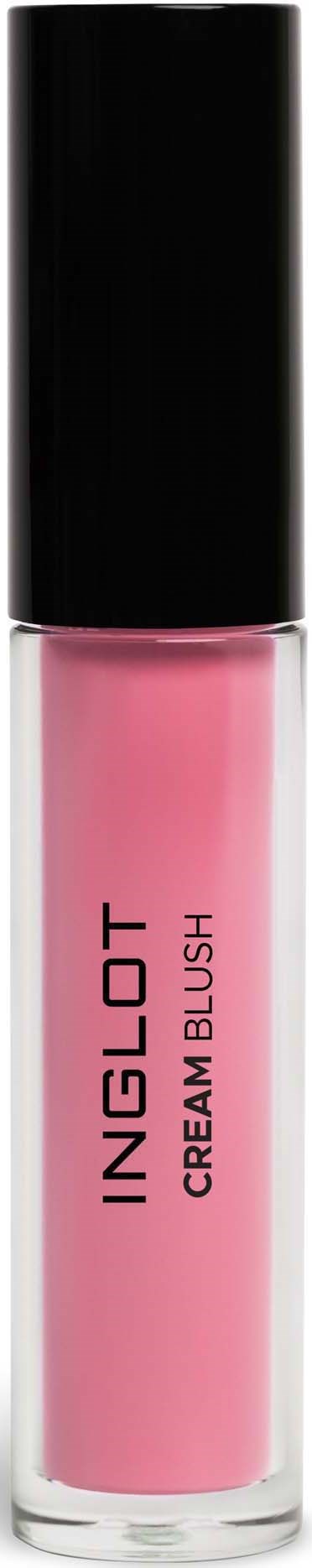 Een roze lipgloss-tube met 'INGLOT CREAM BLUSH' en een zwarte dop op een zwarte achtergrond.