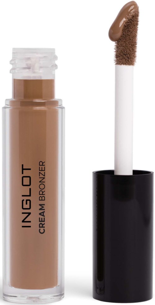 Beige Flüssigkeit in einer klaren Tube mit der Beschriftung 'INGLOT CREAM BRONZER'. Der Applikator zeigt bronzefarbene Creme.