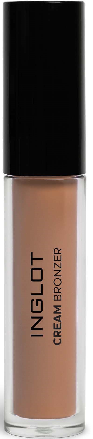 Eine kleine Flasche mit INGLOT Creme-Bronzer, schwarzer Deckel, beige Flüssigkeit.