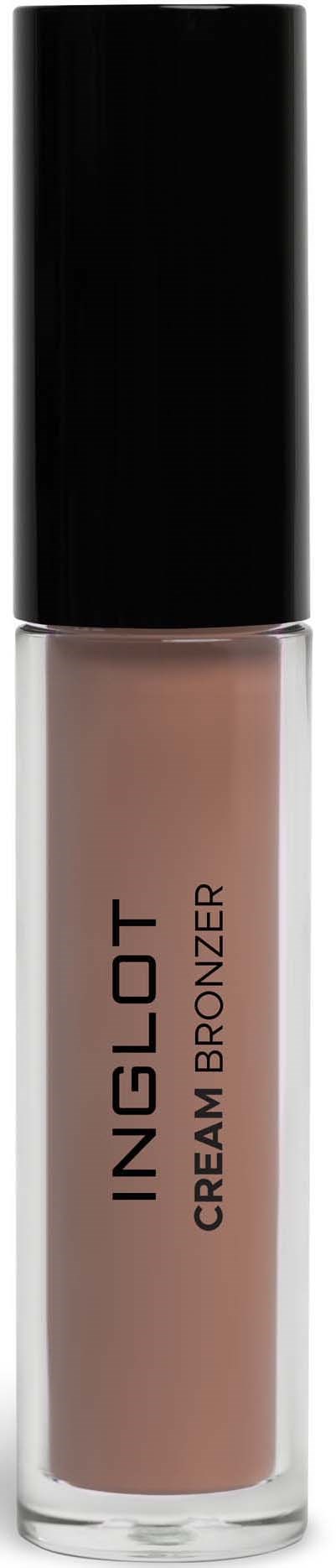 Eine kleine Flasche Inglot Cream Bronzer mit schwarzem Deckel vor schwarzem Hintergrund.