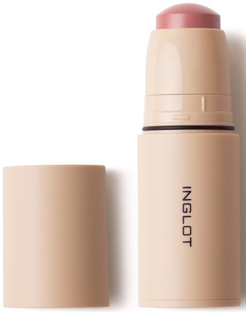 Een beige compacte container met een roze bovenkant en een losse beige dop, met 'INGLOT' erop.
