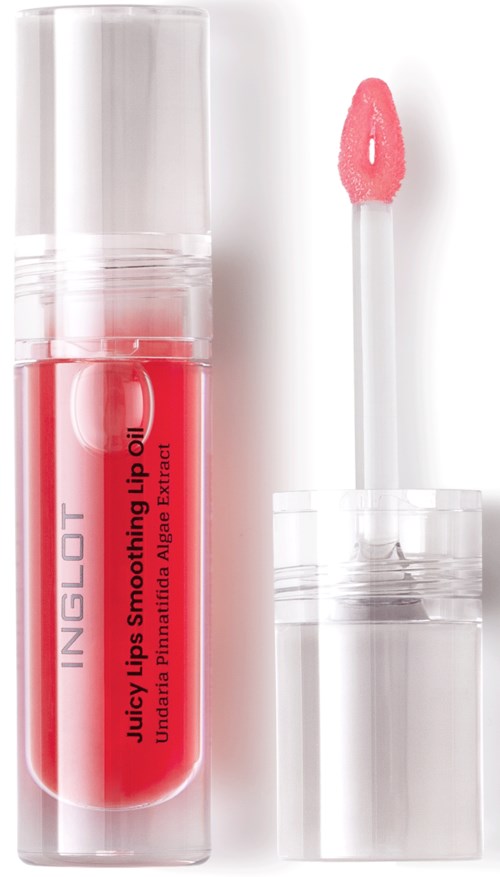 Eine Lipgloss-Tube mit pinkem Applikator, beschriftet 'Juicy Lips Smoothing Lip Oil.'