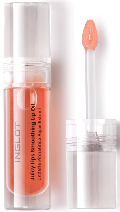 Lipgloss tube met een perzikkleurige gloss en applicator. Het merk is INGLOT, met een label over lipgloss.