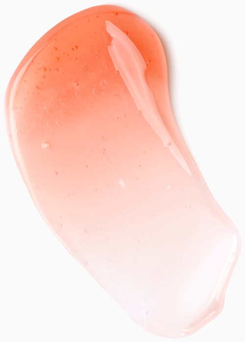 Een rozeachtige, semi-transparante gel met een gladde, gebogen vorm en enkele bellen binnenin.