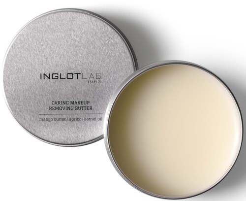 En rund dosa med grått lock som visar Inglot Lab Caring Makeup Removing Butter med mangofett och aprikoskärneolja.