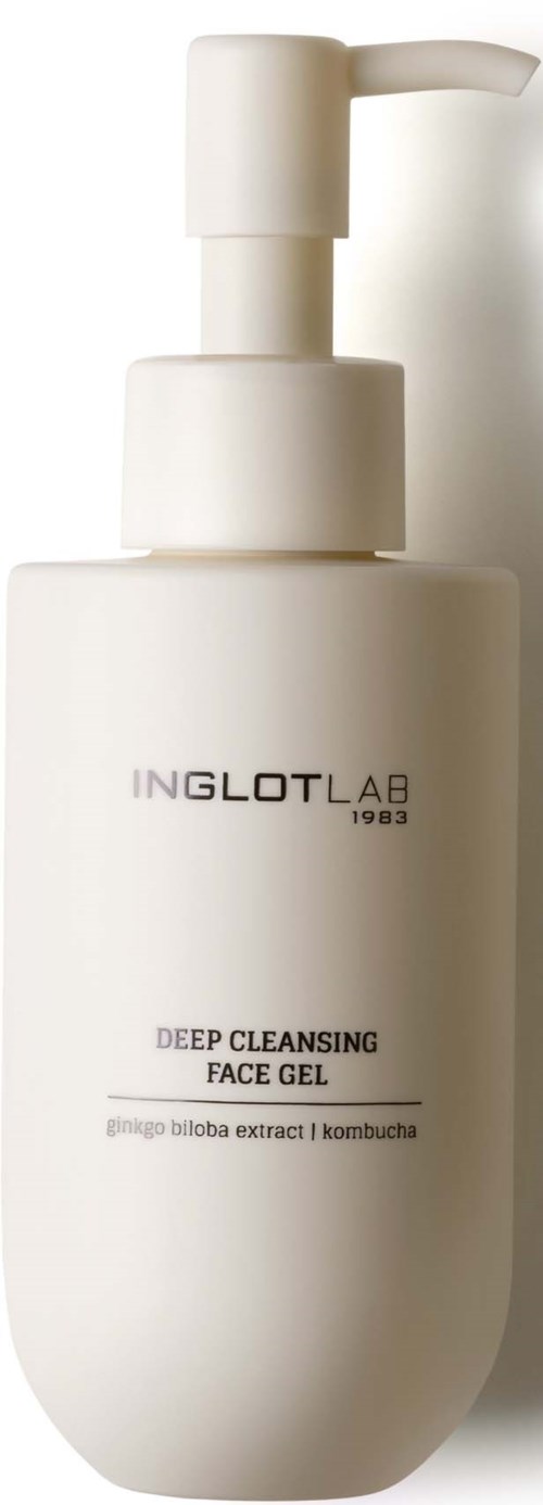 White bottle of Inglot Lab Deep Cleansing Face Gel with pump and simple label design.
