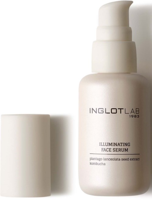 A white bottle of INGLOT LAB illuminating face serum with a pump dispenser and a matching white cap.