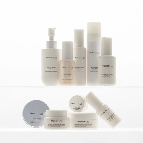 Set of skincare and beauty products from Inglot Labs, including cleansers, moisturizers, and masks in white containers.