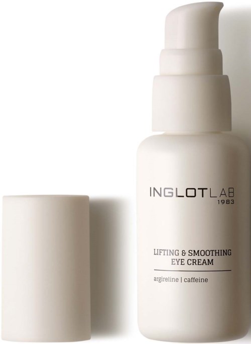 En vit flaska med pump märkt Inglot Lab Lifting & Smoothing Eye Cream, med en matchande vit lock placerad i närheten.