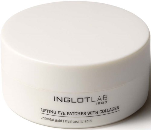 En rund vit burk med INGLOT LAB ögonpåsar med kollagen och ingredienser som guld och hyaluronsyra.