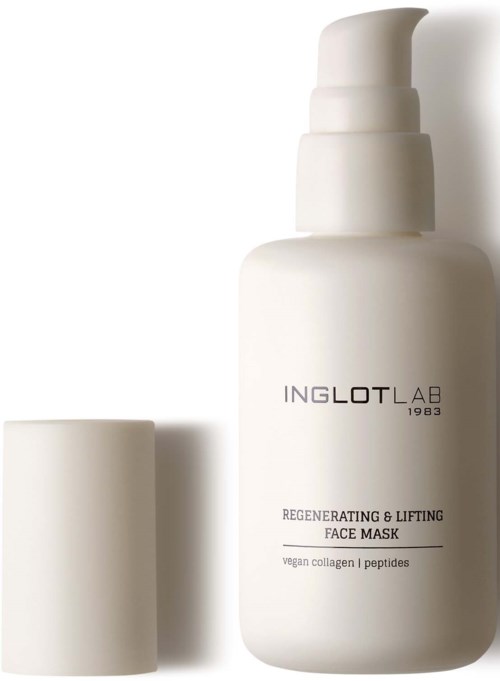 White bottle with pump and removable cap, labeled INGLOT LAB regenerative and lifting face mask ingredients.