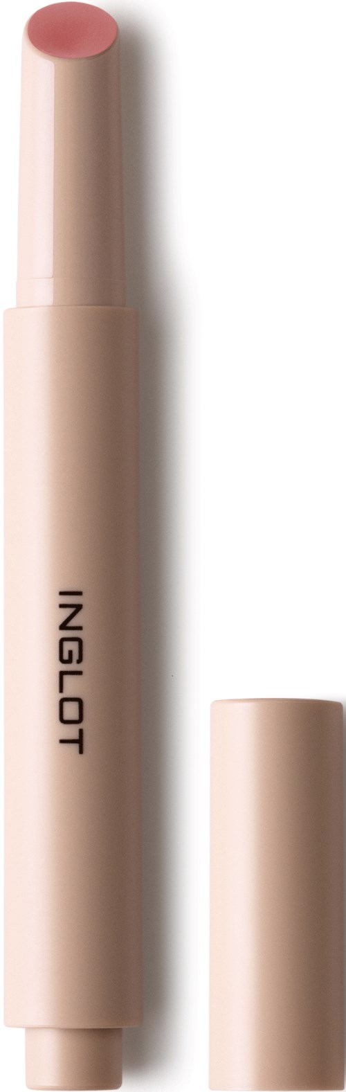 A beige lipstick with a stick partially twisted up, revealing light pink color and a removable cap.