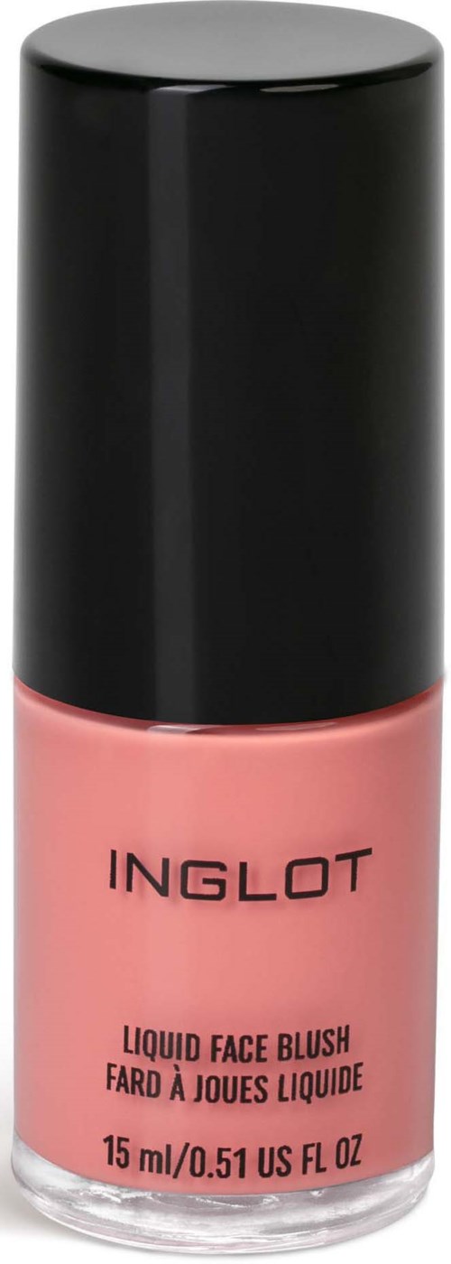 Een flesje met roze vloeibare gezichtsbloem, met zwarte dop en 'INGLOT'-label.