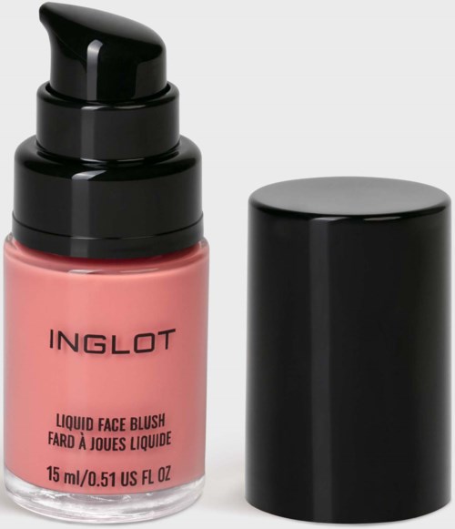 Een roze vloeibare blush fles met zwarte pomp en dop, merk INGLOT, 15 ml.
