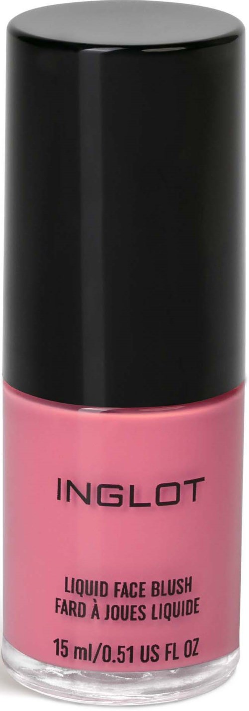 Rosa flüssiger Wangenrouge in kleiner Flasche mit schwarzem Deckel. Der Markenname 'INGLOT' ist auf der Flasche.