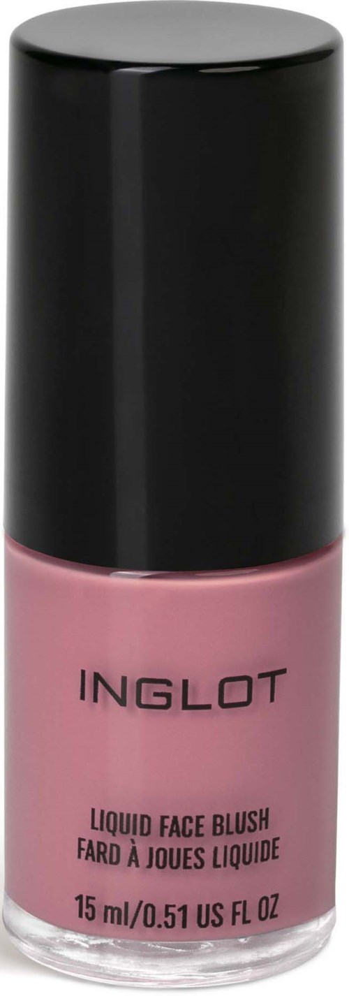 Pieni pullo pinkkiä nestemäistä poskipunaa mustalla korkilla, merkinnällä 'Inglot'.