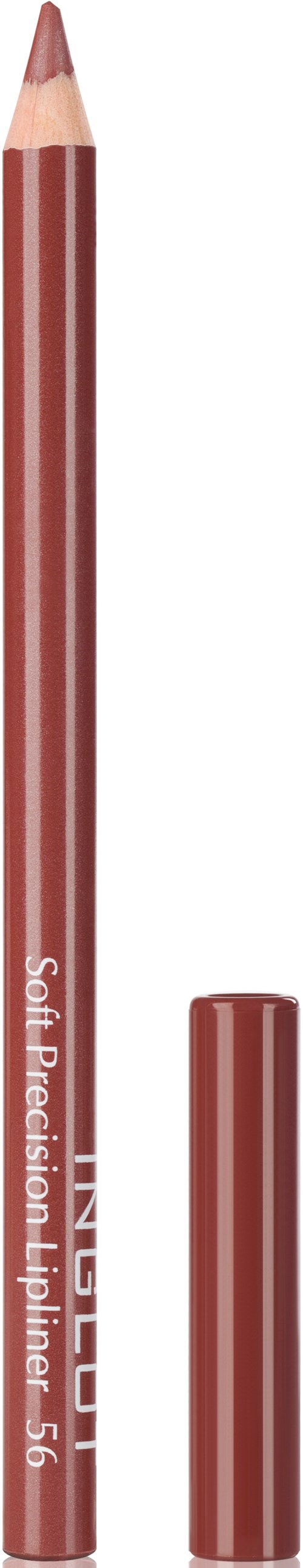Een bruine lippenstift met dop, gemarkeerd 'Nesti Soft Precision Lipliner 56'.
