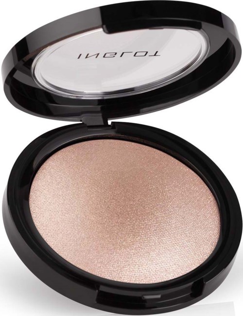 Ein runder Make-up-Compact mit schimmerndem, heller Farbe Puder und einem Spiegel auf dem Deckel.