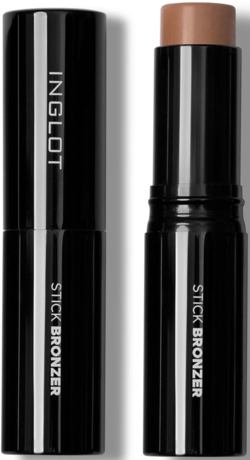 Een zwarte stick met dop, gelabeld 'INGLOT STICK BRONZER', toont het product open en gesloten.